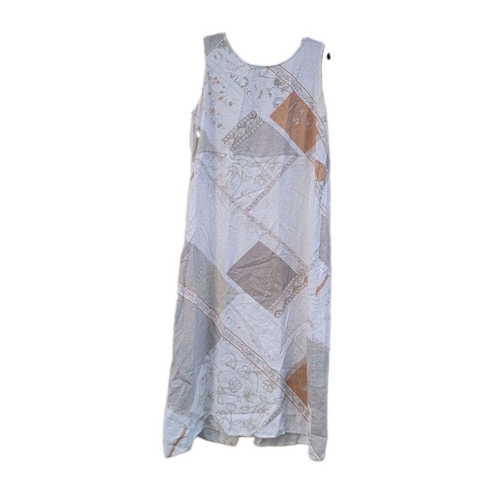 Women's 100% Linen Mixed Print Sleeveless Maxi Dress Sz L Beachy Coastal Resort
